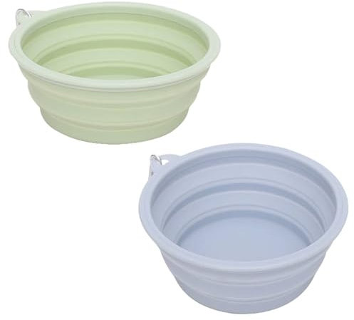 2 ciotole pieghevoli per cani con gancio, ciotola pieghevole in silicone, comoda per cani da bere e mangiare, adatta per campeggio, viaggi a lunga distanza, uso domestico, verde e blu, 650 ml (N)