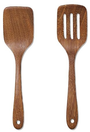 Komoke Pfannenwender Holz - 30cm Natürlicher Wokschaufel & Schlitzwender aus Hühnerflügelholz, Antibakteriell & Kratzfest, Ideal für Pfannen und Woks