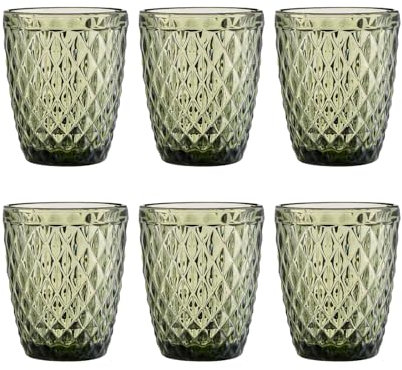 EME Mobiliario Vaso Tallado en color Verde. Fabricado en vidrio con una capacidad de 24cl. Pack 6 unidades. Resistentes, ligeros y aptos para lavavajillas.