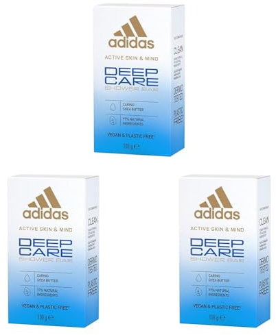 adidas Deep Care feste Dusche für sie, mit reichhaltiger Sheabutter, sanfte Pflege für sensible Haut, vegan, 100 g (Packung mit 3)