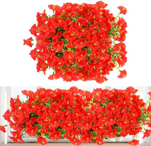msymsyu 7 Bündel Kunstblumen Wie Echt 36cm Rot Petunien Kunstblumen | Plastik Wetterfest Kunstblumen Balkon, Künstliche Blumen für Draußen, Hochzeiten, Wanddekoration, Innen-Outdoor Balkon Deko