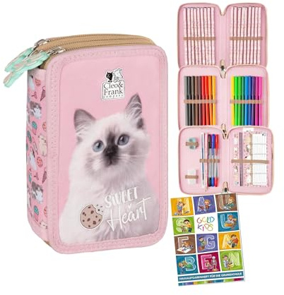 Goldkids - Federmäppchen 3 Fächer - Mäppchen für Mädchen und Jungen - Federmappe 3-Fach Federtasche Gefüllte Schüleretui Schulmäppchen und Hausaufgabenheft - Katze Motiv