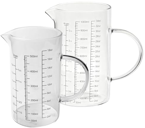 Messbecher Set 2 aus Glas, 1L + 500ml Messbecher Glas, Hitzebeständiges Borosilikatglas, Measuring Cups mit Griff und V-förmigem Ausguss für Küche oder Restaurant
