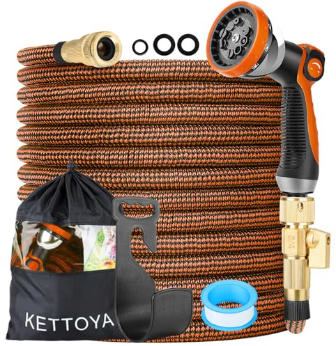 KETTOYA 100FT Expandable Garden Hose, Hose Pipe with 10-Pattern Spray Nozzle, 2-in-1 Valve Quick Connector, Flexible Heavy Duty Water Hose, Durable 3750D, 4-Layer Latex Core, Leak-Proof, Kink-Free