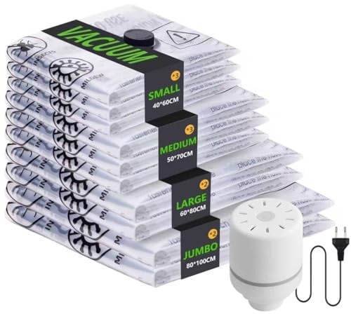 Vakuumbeutel für Kleidung mit Elektropumpe, 10 Stück Vacuum Bags (2x 100x80cm, 2x 80x60cm, 3x 70x50cm, 3x 60x40cm), Wiederverwendbare Vakuumierbeutel Kleidung für Reisen Tägliche Aufbewahrung