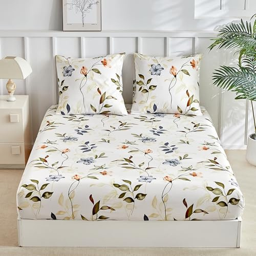 Tokokimo Spannbettlaken 160x200cm - Beige - Herbst und Blatt Design - 35 cm Tiefe Tasche, mit 2X Kissenbezügen 80x80cm mit Reißverschluss