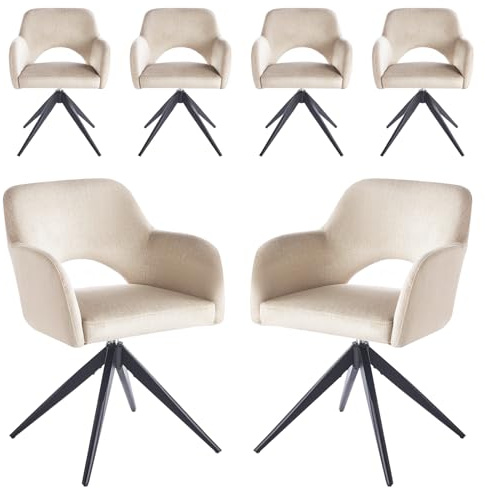 stone princess 6er Set Drehbare Esszimmerstühle mit Armlehne – 360° Samt Polsterstuhl mit Auto-Return Funktion, Gepolstert, Schwarze Metallbeine, für Esszimmer & Küche