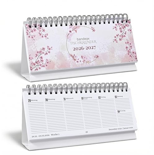 Tischkalender 2026 2027 quer, Wochenkalender zum Aufstellen, Stehkalender | Jan 2026 – Dez 2027 (29x11cm) | Schreibtisch-Kalender groß | Wochen-Planer Kirschblüten | Panorama Querformat