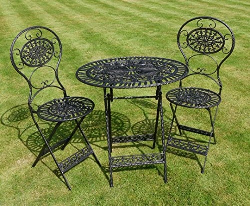 Black Wrought Iron 3 Piece Bistro Style Garden Patio Furniture Set