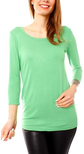 Easy Young Fashion - Damen Basic 3/4 Arm T-Shirt Rundhals - langes Unterziehshirt - Longshirt Skinny Fit 1098 - Mint M/L