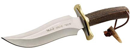 Muela Cuchillo APACHE hoja de acero MoVa de 19 cm y empuñadura de asta de ciervo para Caza, Pesca, Supervivencia y Bushcraft Realizado en Ciudad Real + Portabotellas de regalo