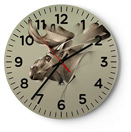 Modern Wanduhr Elch Abstraktion 40x40cm Rund Groß Wand Uhr Glas Analog Zimmeruhren Küche Büro Wohnzimmer Glasuhr Wall Clock Dekoration Design Wanddekoration Küchenuhr C4AR40x40-3840