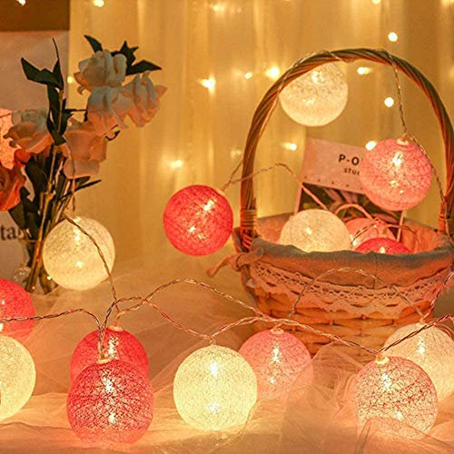 Najiny LED Cotton Ball Light String Light, 20 Cotton Balls Fairy Lights Battery Powered, 3m/10.8ft Indoor Outdoor Festival Christmas Wedding Baby Shower Party LED Decorations Lights, Pink and White