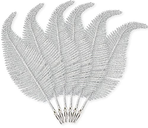 Pack of 6 Christmas Glitter Feathers – Silver, White or Gold, 22cm, Clip on Feather Decorations, Christmas Tree Baubles, Glittery Ornaments, Xmas Home Décor (Silver)