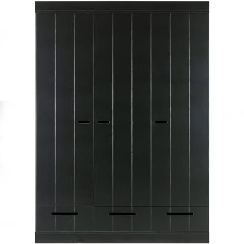 WOOOD Connect Kleiderschrank 3 Türig, Garderobenschrank aus Kiefer und Melamin Schublade Drehtürenschrank Connect-Schrankwand - Schwarz - 195x140x53 cm