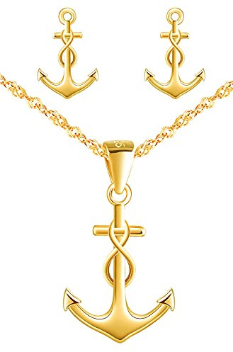Yumilok Damen Halskette Ohrringe Ohrstecker Schmuck Set 925er Sterling Silber mit Unendlichkeit Anker Anhänger für Damen Mädchen Gold
