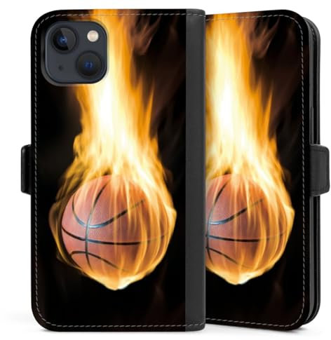 Klapphülle kompatibel mit Apple iPhone 13 Handyhülle aus Kunst Leder schwarz Flip Case Basketball Feuer Sport