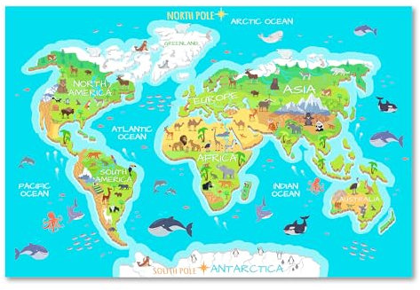 Postereck - 0863 - Hochwertige Weltkarten Leinwand für Kinder | Weltkarte Wand zum lernen | Unterricht Klassenzimmer Schule World Map Wall | Landkarte Welt XXL | Leinwand - 40,0 cm x 30,0 cm
