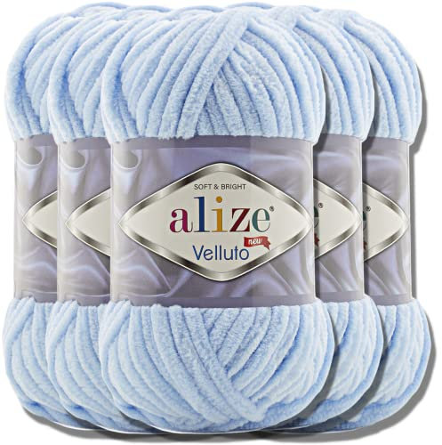 Hobby YARN Alize Velluto 5x 100g Türkische Strickwolle super Bulky Wolle zum Häkeln Uni Farbe Babywolle Flauschgarn Filzwolle Kuschelwolle (Baby Blue | 218)