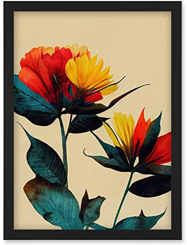 Wee Blue Coo Botanical Bold Flowering Yellow Red Teal Artwork Framed Wall Art Print A4