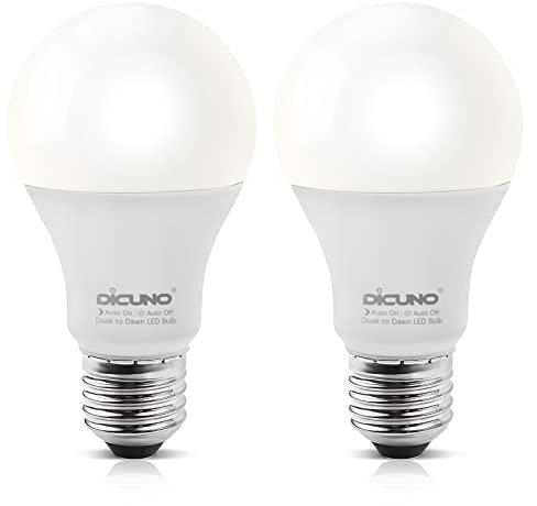 DiCUNO Dusk to Dawn Sensor Bulb E27, 60W Equivalent, 5000K, 9W 800LM, Automatic On/Off Energy Saving Light for Porch, Garage, Non-dimmable, 2 Pcs