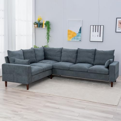 Panana Corner Sofa, Large Linen Fabric L shaped Sofa Sets with Wood Legs 100 x 80 x 32 inch, Grey