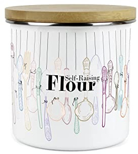 Purely Home Vintage Cutlery Self Raising Flour Storage Canister - White Metal Enamel Kitchen Food Storage Container