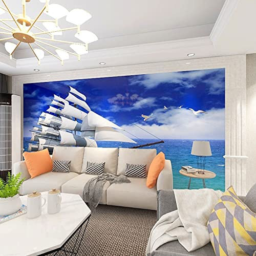 CULTS 3D Wall Murals Photo Wallpaper 157.5(W) X110.2(H) inch Blue Sea View Sailboat Wall Decoration for Living Room Bedroom Hallway Window TV Background