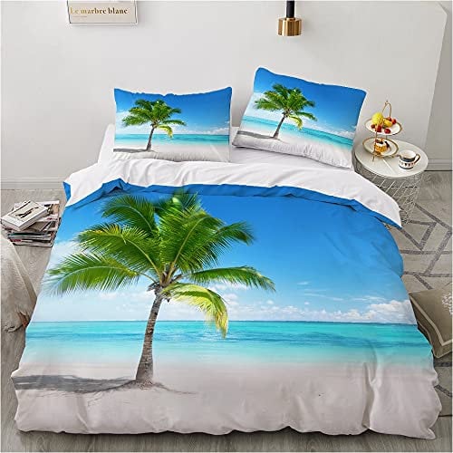 Damier Bettwäsche 135x200 4teilig Meeresmotiv Strand 3D Bettbezug Set Grün Blau Beach Bettwäsche Weich Mikrofaser Bettwäsche für Geschenke Zimmer Deko mit Reißverschluss und 2 Kissenbezüge 80x80 cm