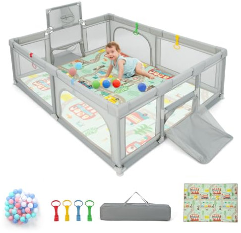 DREAMADE Laufstall baby, 188 x 157cm Laufgitter mit Matratze & Basketballkorb & Zugring, Schutzgitter mit Rutschfester Basis, Krabbelgitter für Kinder