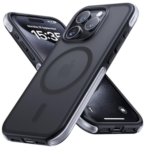 Lamicall Funda Magnética para iPhone 15 Pro para MagSafe - Magnética Carcasa Móvil para MagSafe, [Airbags de Seguridad Integrados] Anti-caídas de Grado Militar de 3,66m, Botones de Metal, Negro Mate