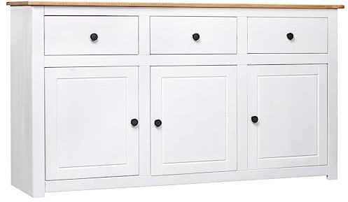KOIECETA Massivholz Panama-Kiefer Sideboard mit 3 Schubladen 3 Türen Kommode Beistellschrank Mehrzweckschrank Anrichte Schrank 135x40x80cm Weiß