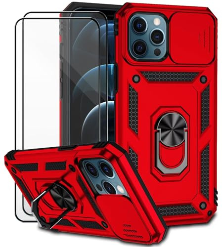 Dechyi für iPhone 12 Pro Max Hülle mit Panzerglas Schutzfolie Schutzhülle mit Kameraschieber Case 360° Drehbarer Militä Ständer Stoßfest Cover-Rot