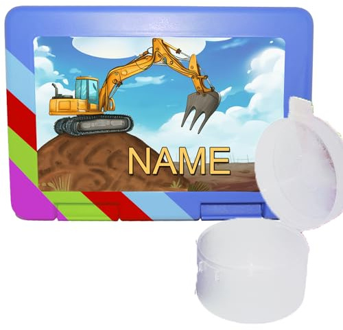 Kinder Brotdose personalisiert Bagger mit separater Obstdose, Bagger | Name mit Schriftartwahl, Farbwahl, Schriftwahl für Name
