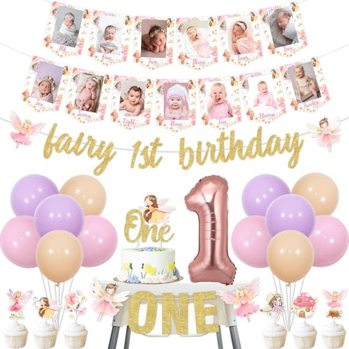 Fairy 1st Birthday Party Decorations, Fairy Theme Party Decors Supplies with Fairy 1st Birthday Banner, One Cake Topper, One High Chair Banner, 12 Months Photo Banner and Balloons