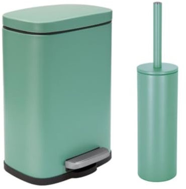 Spirella - Papelera con Pedal + Escobilla de Acero Akira - Cierre Suave y fácil, Revestimiento antihuellas - 21,4 x 17,6 x 30 cm - 5L - Verde Mate