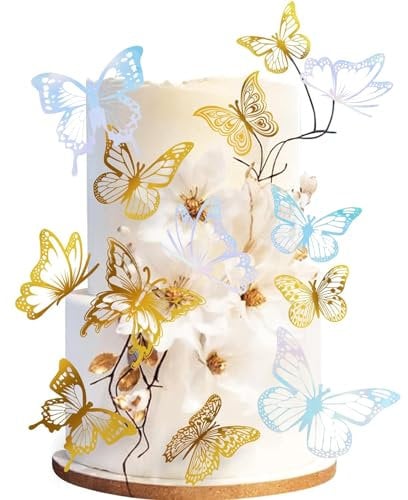 SURALIN 36 Stück 3D-Schmetterlinge Deko, Bunt und Golden PVC Kuchendekoration Kuchen Deko Geburtstag hohle Kunst Tortendeko Schmetterlings Cupcakes für Geburtstag Hochzeit Party
