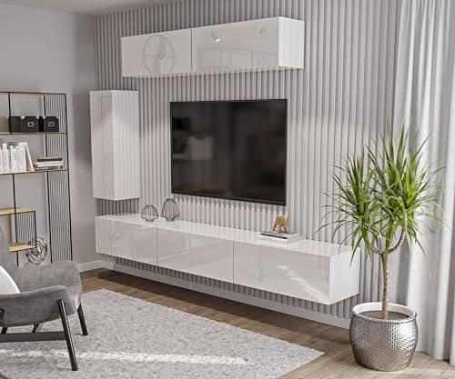 HAJDUK FURNITURE Wohnwand Set, TV-Lowboard, Seitenschrank, 2X Hängeschrank, Weiß Hochglanz Modern Design, Hängend Wohnzimmer-Set
