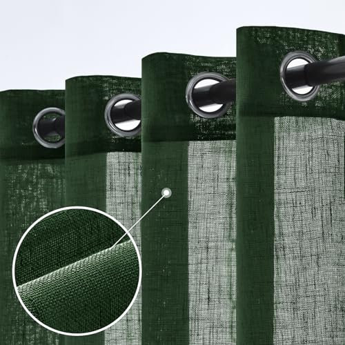 Woaboy Leinen Gardinen Halbtransparent Vorhänge Leinenoptik Wohnzimmer mit Ösen Stores Gardine Schlafzimmer Modern Ösenvorhang Schlaufengardinen 2er Set 140x245cm (BxH) Dunkelgrün