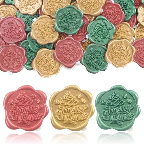 JAGERGREEN 48 Stück Weihnachten Wachssiegel Selbstklebend Merry Christmas Mustern, Siegelwachs Aufkleber in Gold, Grün, Rot für Einladungen, Hochzeit, Briefumschläge, Geburtstage, Geschenkverpackungen