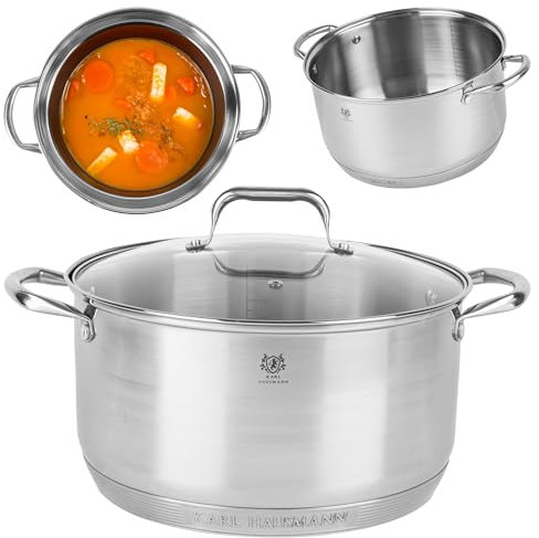 KARL HAUSMANN Faitout Inox - 6.1L - 25 cm - Marmite Induction en Acier Inoxydable 18/0 - Casserole avec Couvercle en Verre - fait tout tous feux - Faitouts Avec Échelle de Mesure - Cocotte Inox