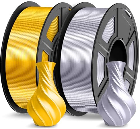 TECBEARS PLA Silk Filament 1.75mm 2KG, Shiny Silk PLA 3D Drucker Filament, mit Seidenglattes Finish, Gute Farbwiedergabe, Maßgenauigkeit +/- 0.02, 2 Spulen, 1kg pro Spule Silk PLA Gold+Silber