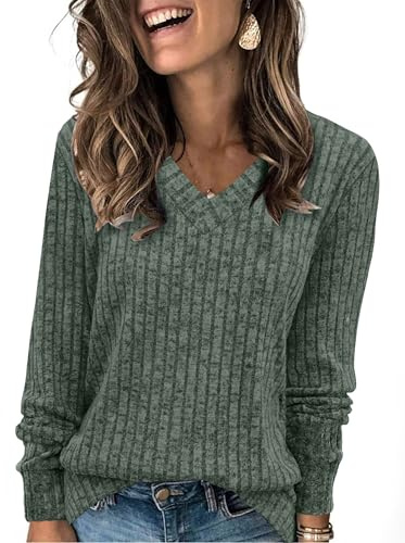 Aokosor V Neck Jumpers for Women UK- Ladies Basic Lightweight Jumpers Women Long Sleeve Tops for Leggings TunicGreen Size 10-12