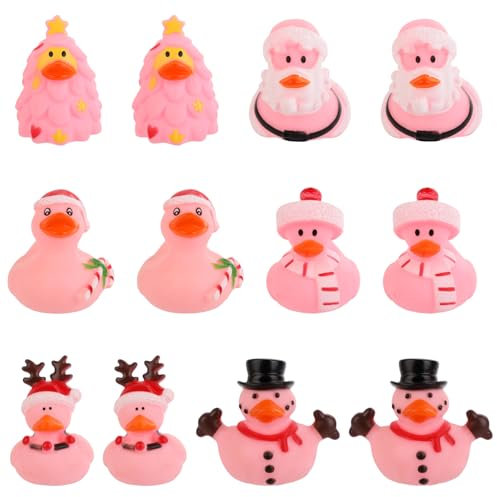 12stk Rosa Weihnachts Gummienten, Gummiente mit Weihnachtsmotiv Rosa Gummiente Verschiedene Gummienten Bunte Gummientchen Badeente als Dekorationsgeschenk für Weihnachtsfeiern(Stil 1)