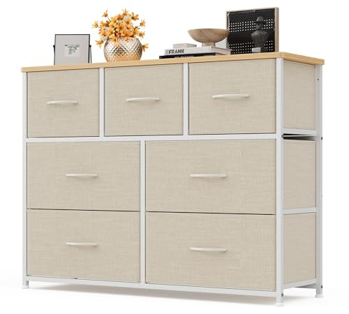Xbro Kommode, Kommodenschrank mit 7 Schubladen aus Stoff, Komodenschrank Schlafzimmer mit Holzplatte, Kommode Schlafzimmer Flur, Komodenschrank Flurschrank für Küche Büro Flur Schlafzimmer (Beige)