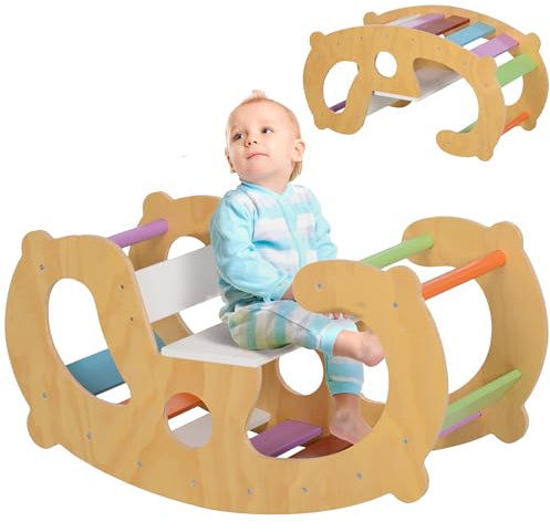 AIYAPLAY 2 en 1 Arche Escalade Enfants 18 à 48 Mois, Chaise à Bascule Arc-en-Ciel, Jouet d'escalade intérieur en Bois pour garçons & Filles, Tout-Petits, Arc à Grimper Charge Max. 50 kg