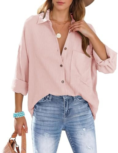 Lonya Musselin Bluse Damen Elegant V-Ausschnitt Baumwolle Musselin Hemden Langarm Longbluse Casual Button Down Oberteile Blusenshirt Hemdbluse Tuniken Einfarbig Tops, Rosa, L