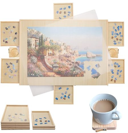 Gondola 1500 Pieces Puzzle Board with Mug Holders, 6 Drawers and Cover, Sturdy Jigsaw Puzzle Table Tray, 26x35 Portable Wooden Jigsaw Puzzles Accessories, Jig Saw Home Holder Organizer Boards