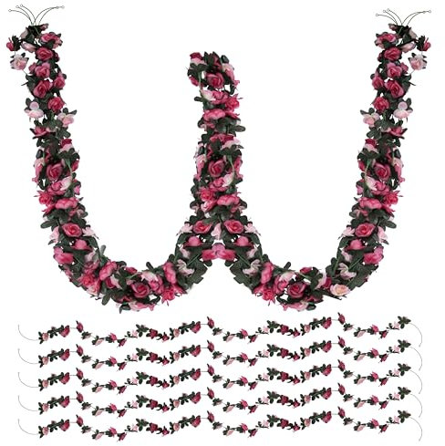 Foshird 5 Stück Blumengirlande Deko 2,5m Rosa Rosen Blumenwand Kunstblumen Hängend Frühling Künstliche Blumen Girlande für Hochzeit Outdoor Garten Balkon Party Room Decor