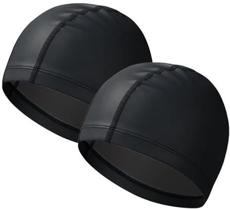 ATSNOSH 2 Pezzi Cuffia da Nuoto per Uomo Donna, Impermeabile Cuffia da Nuoto, Nero Cuffia da Bagno Cuffia da Piscina Antiscivolo, Elastiche Comodo e Leggero, Unisext (Nero)